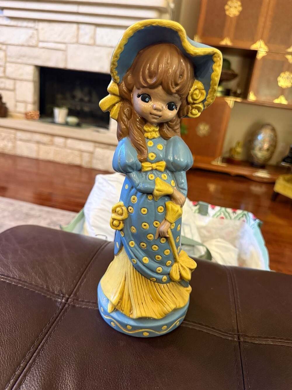 Vintage 1970s Ceramic Big Eyes Girl Figurine in Blue Dress with Bonnet and Umbre